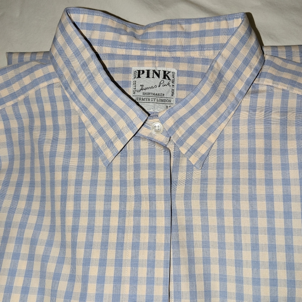 Thomas Pink Women’s Size 14 Blue Gingham Cotton Button Down French Cuff Shirt